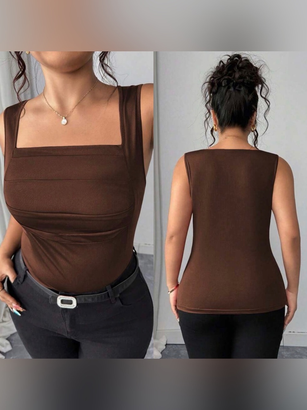 SHEINCurve Brown Square Neck Sleeveless Tank Top